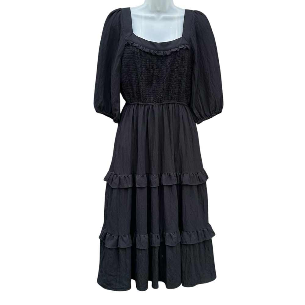CARLY JEAN Womens Size L Black Smocked Puff Sleeve Pockets Cottage Tiered Dress